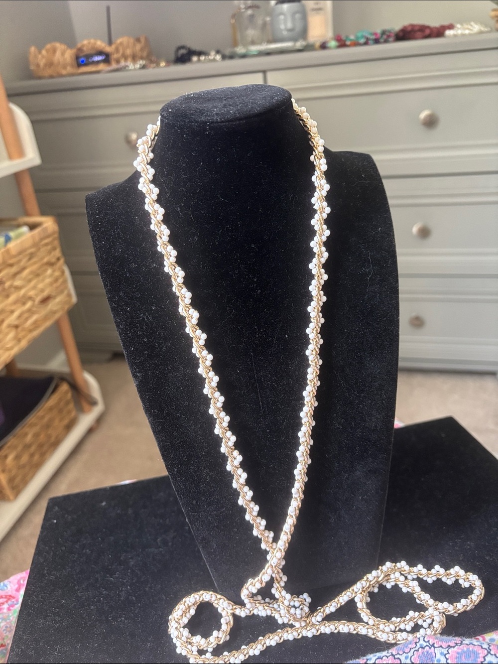 Vintage long Gold and White Pearl-Style Braided Rope Necklace -